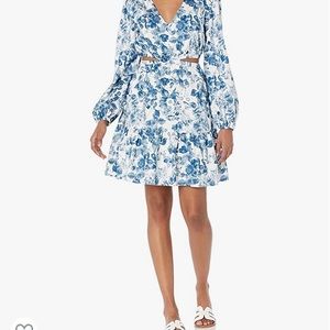Cotton NWT Sateen Floral Dress Side Cutouts Romantic Blue White M